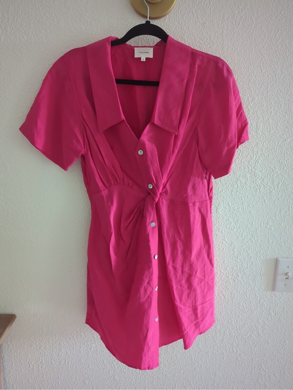 R.G. Kane Alex Mini Dress Small Pink Linen Blend  Twist Waist Collared Beachy
